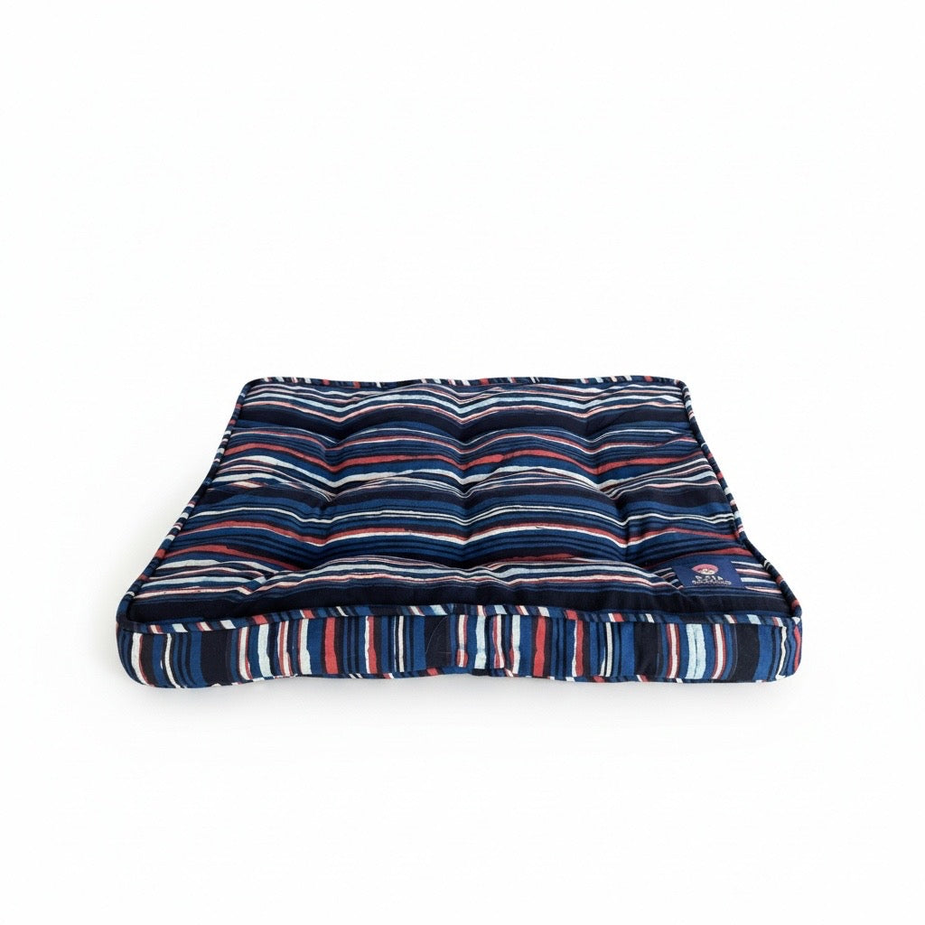 Red white and blue striped cotton dog bed in artisanal block print