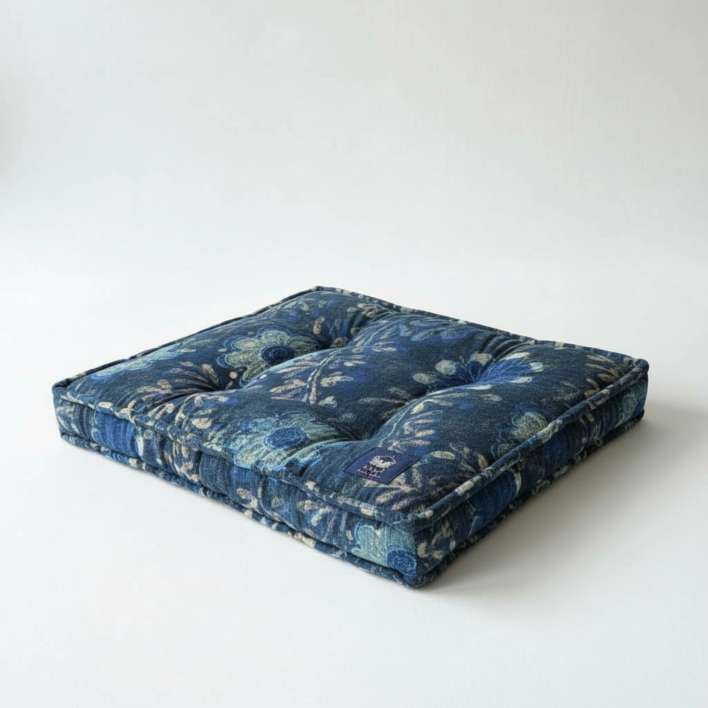 Blue floral-patterned pet bed on a white background