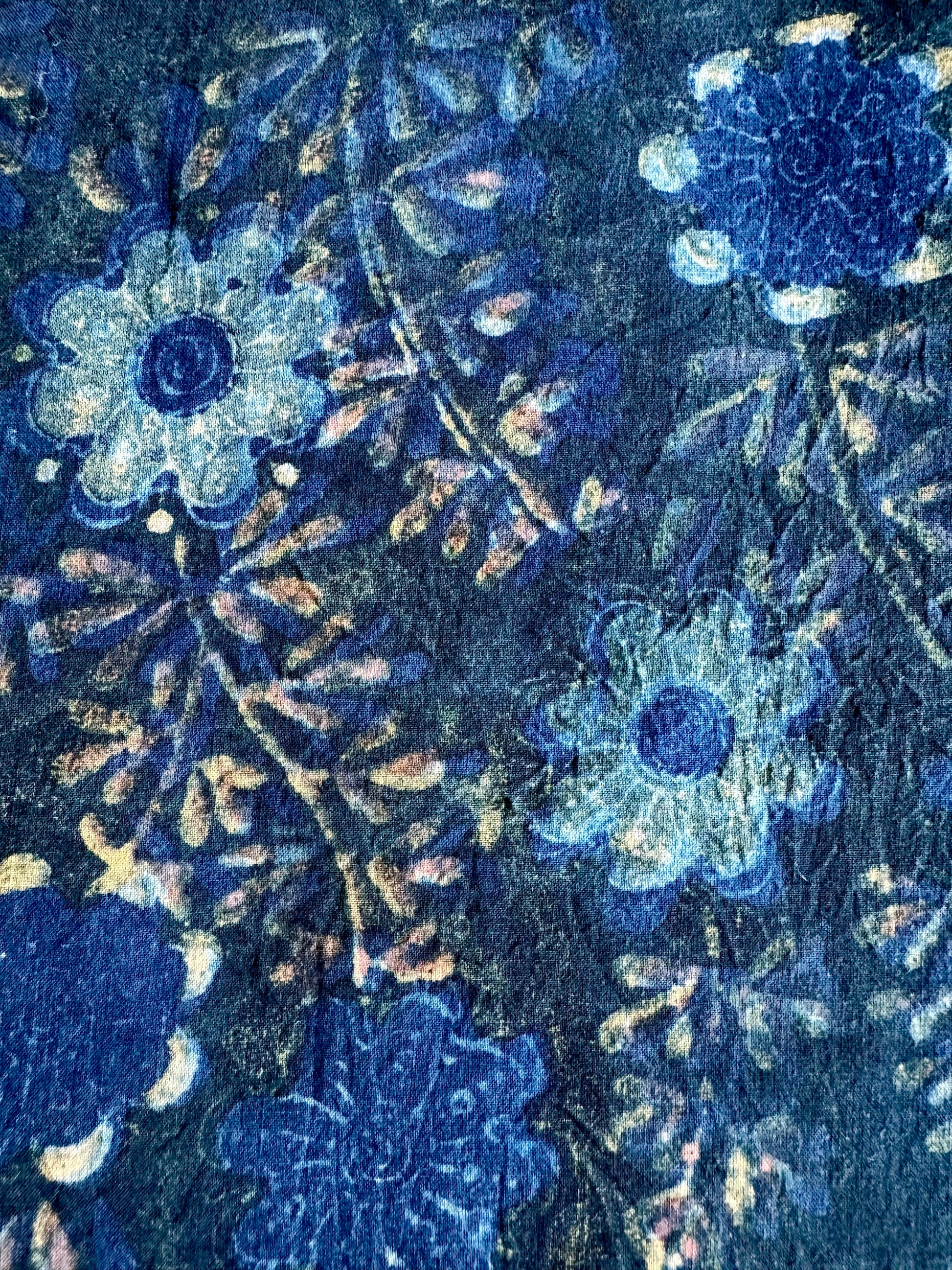 Close-up of a blue floral pattern on fabric