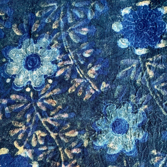 Close-up of a blue floral pattern on fabric