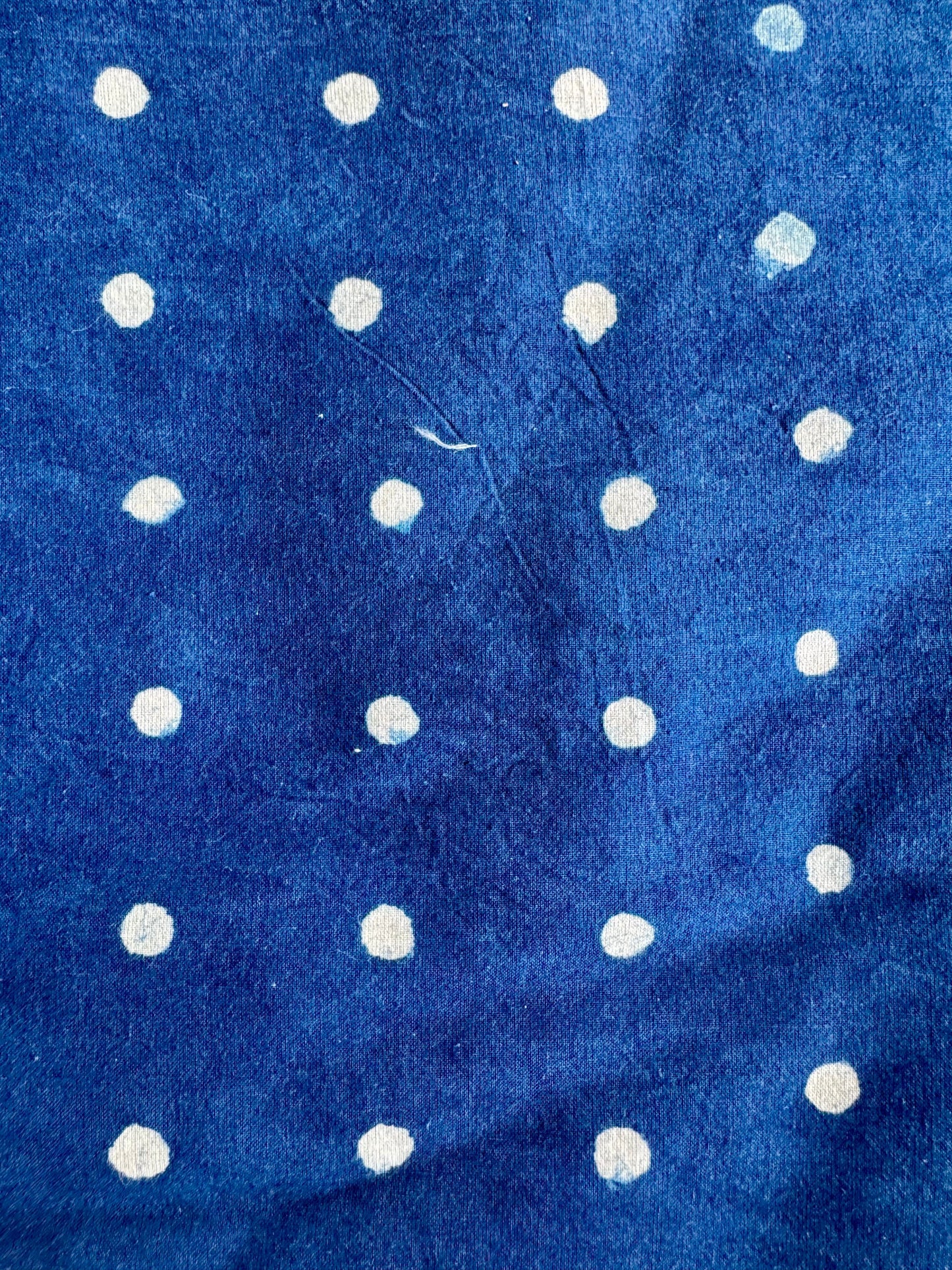 Blue fabric with white polka dots