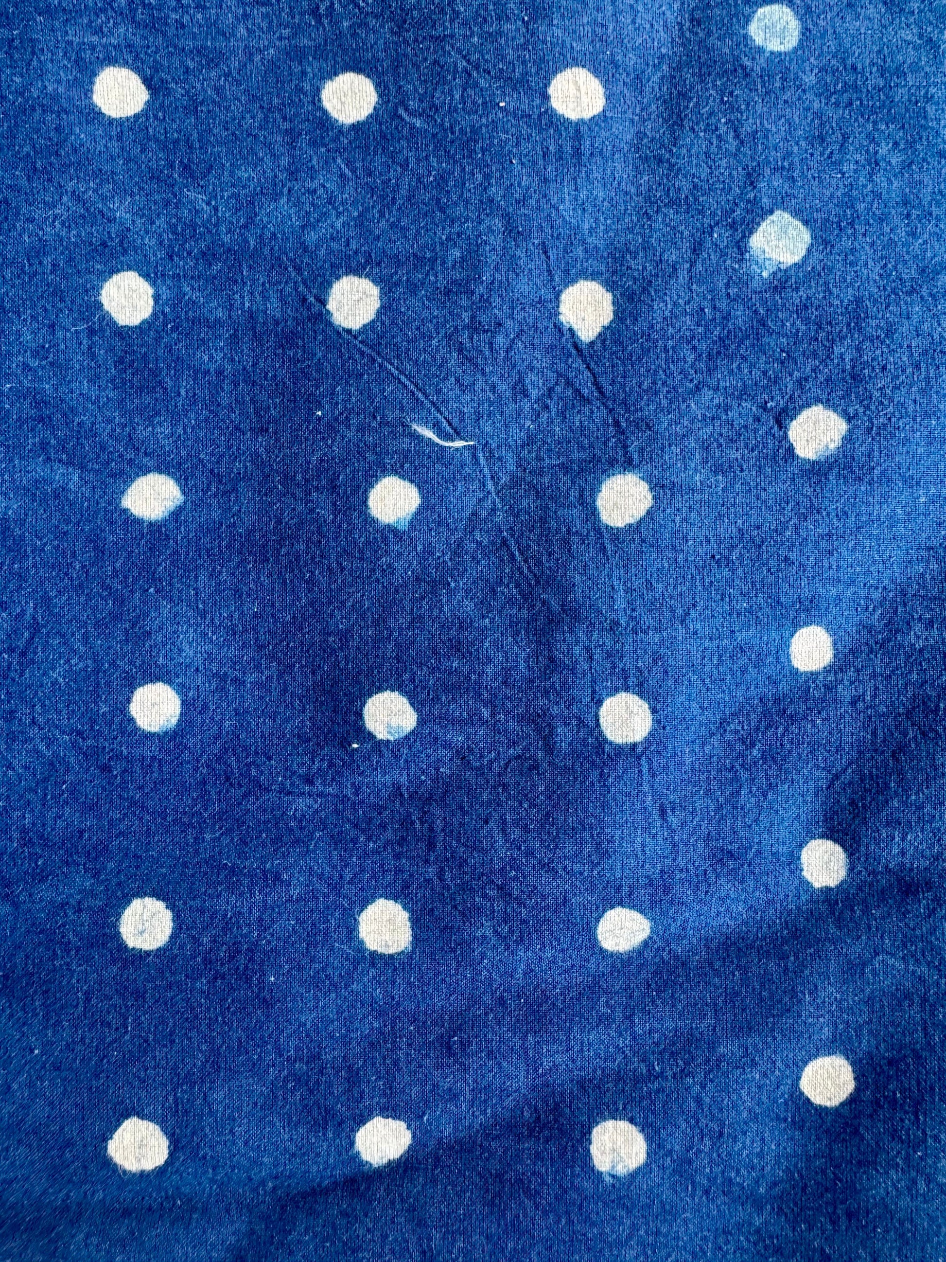 Blue fabric with white polka dots