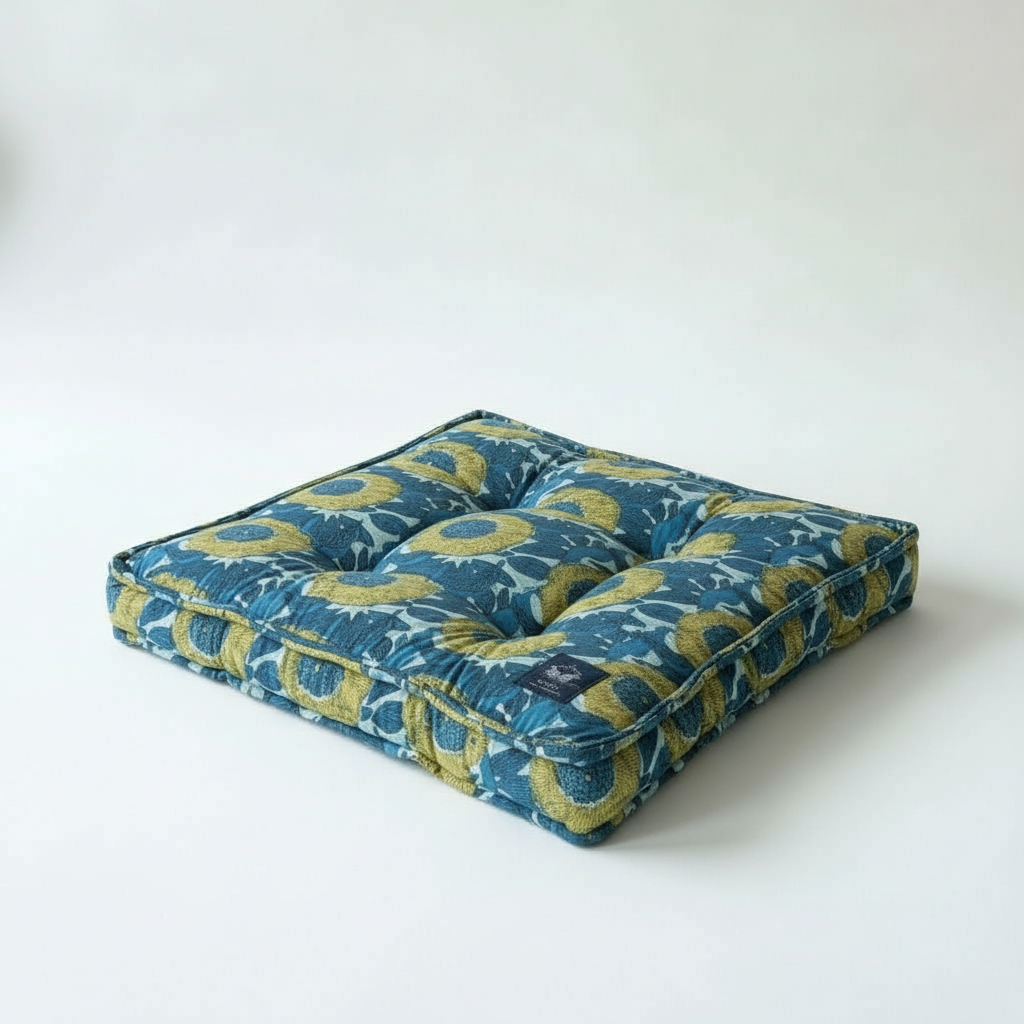Blue and green patterned cushion on a white background