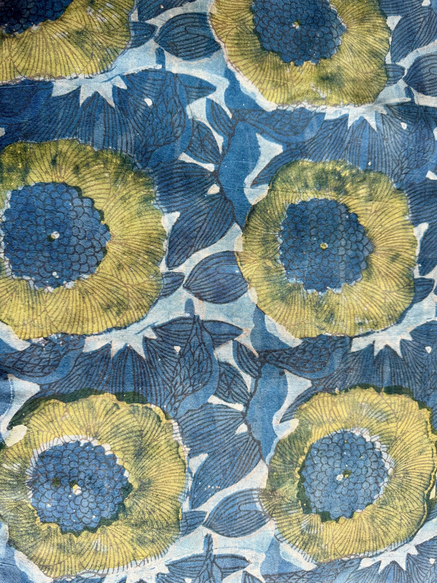Patterned fabric with blue and green floral design