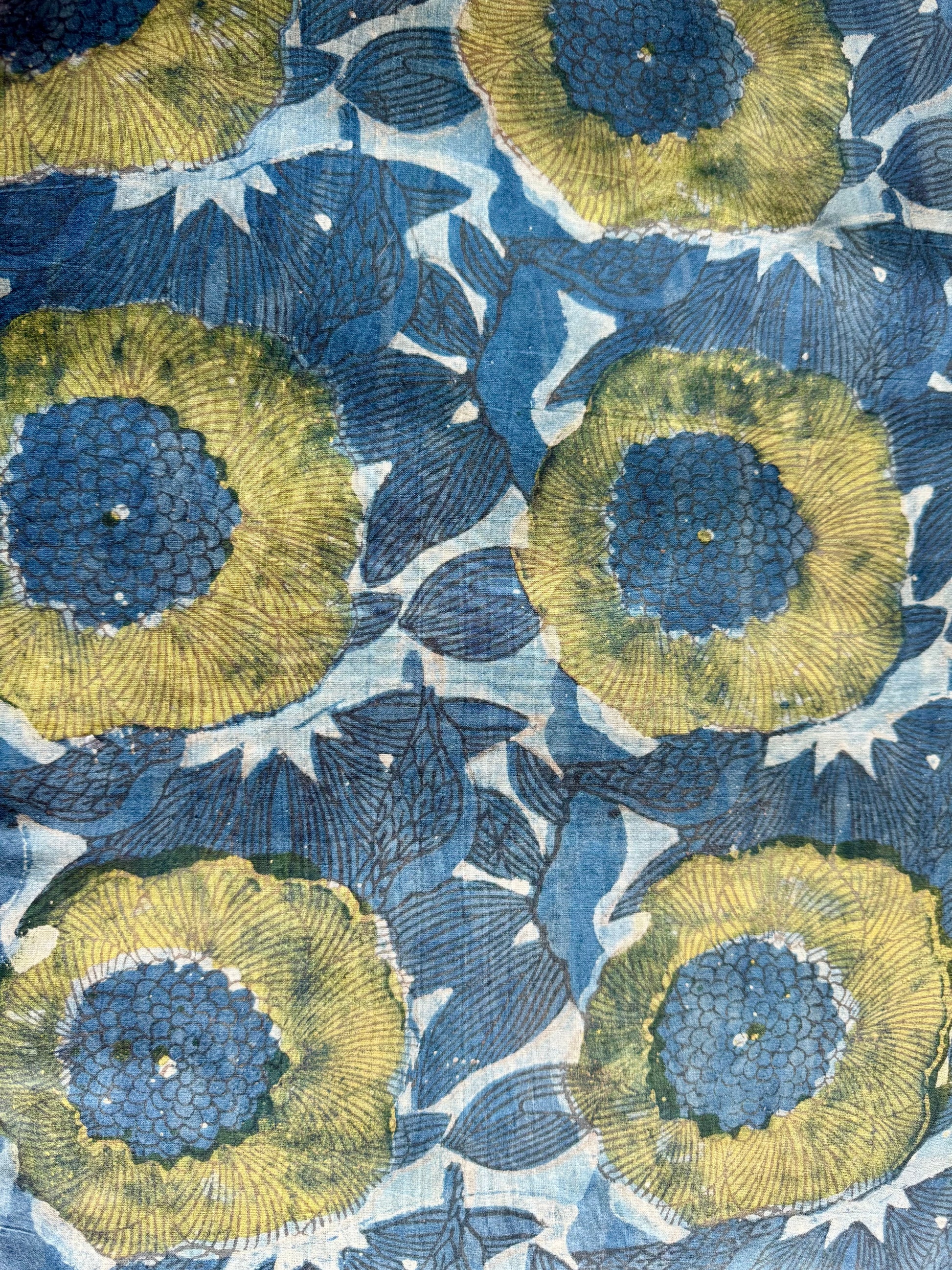 Patterned fabric with blue and green floral design