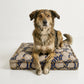 Dog sitting on a patterned dog bed against a white background