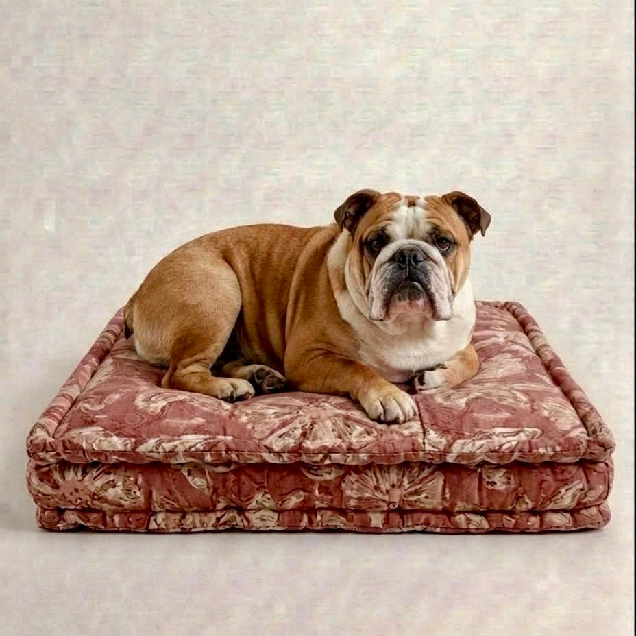 An English Bulldog lying on a square, thick cushioned dog bed with a dusty rose floral pattern, set against a neutral textured beige background.