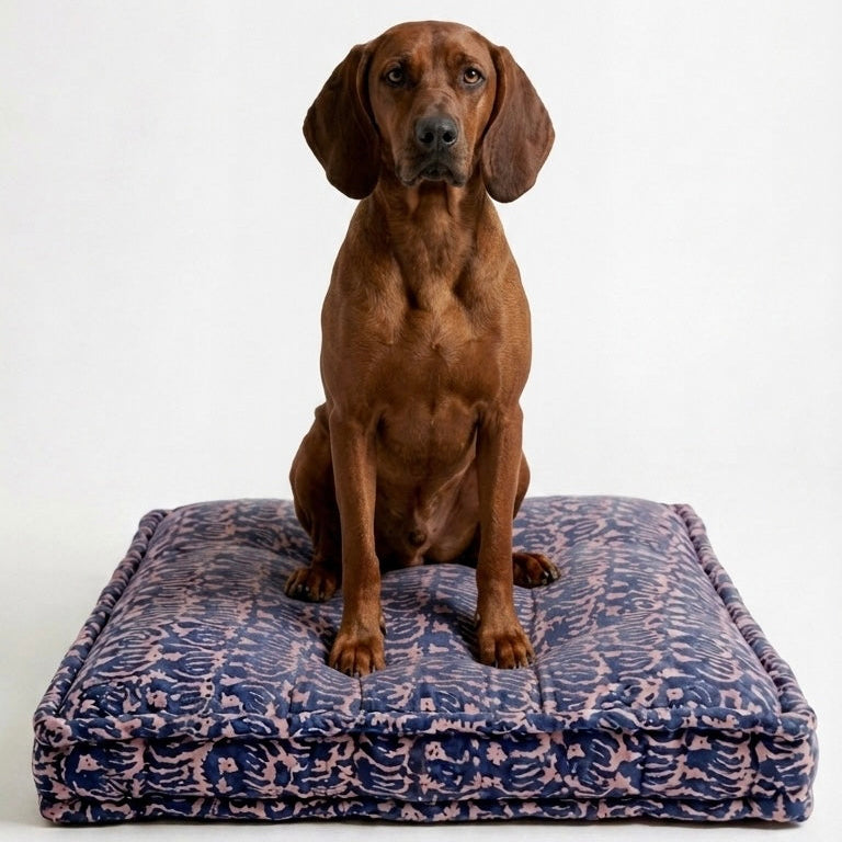 Large Blue and Red Block Print Dog Bed 