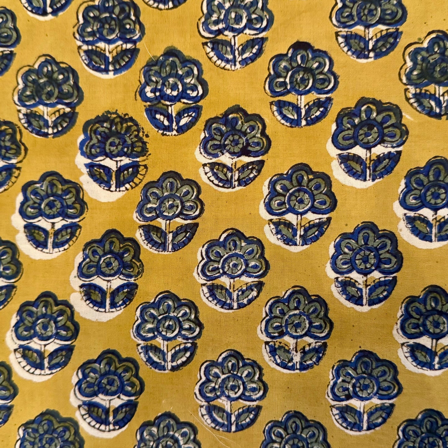 Patterned fabric with blue floral designs on a yellow background