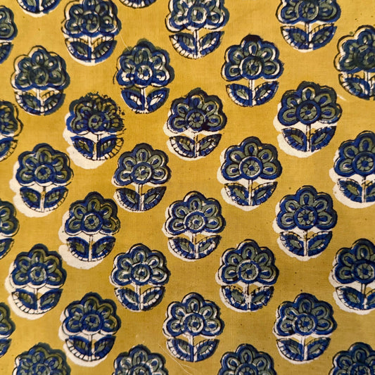 Patterned fabric with blue floral designs on a yellow background