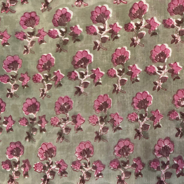 Patterned fabric with pink flowers on a green background