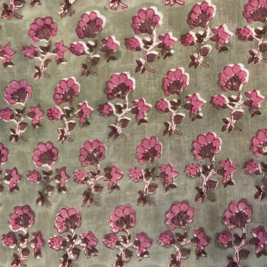 Patterned fabric with pink flowers on a green background