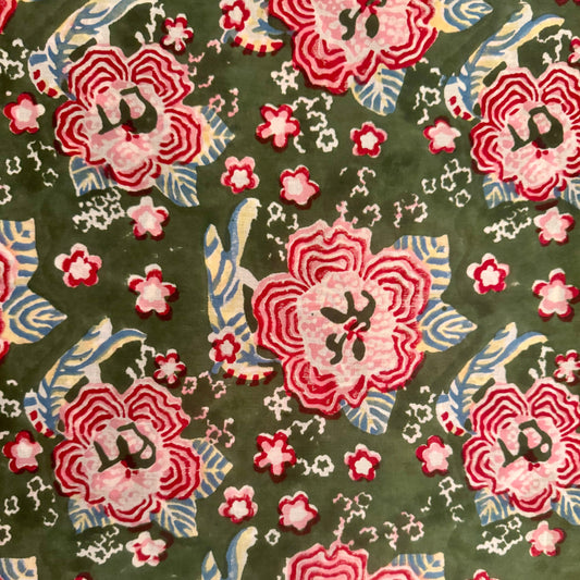Floral pattern with pink flowers and blue leaves on a green background