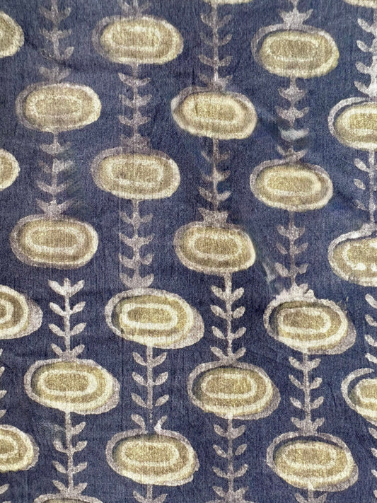 Patterned fabric with oval sblue hapes and leaf-like designs on gray background