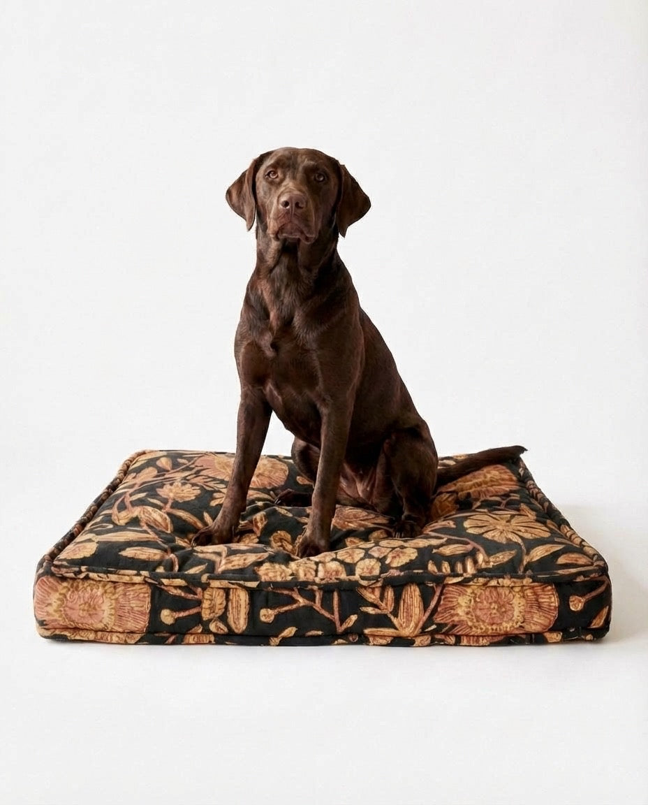 Margaret - Brown, Pink and Yellow Floral Block Print Dog Bed