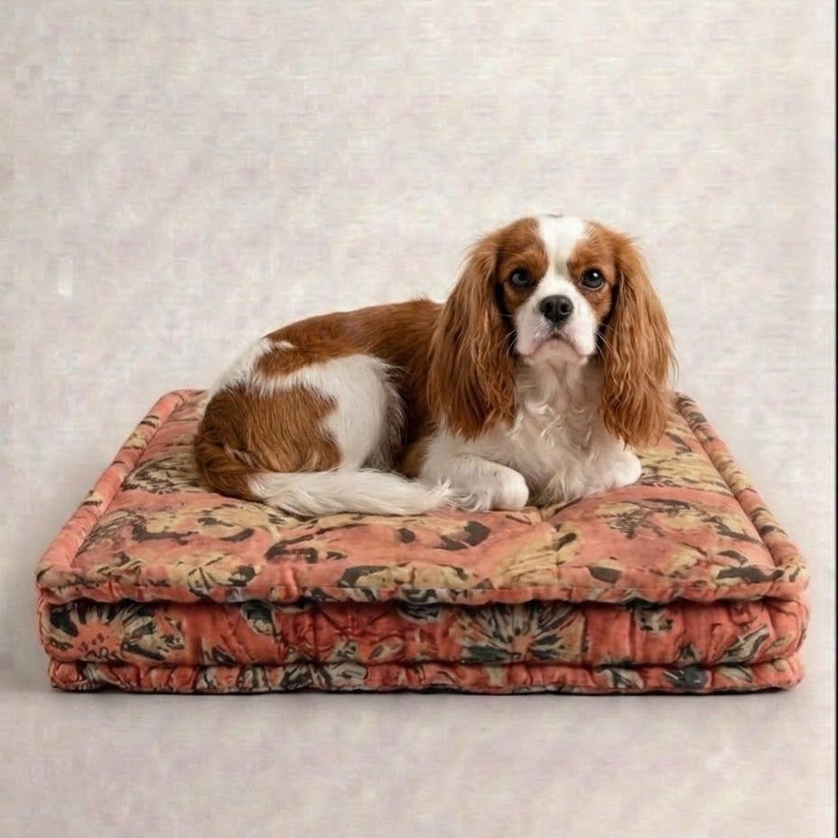 A brown and white dog lying on a square floral-patterned dog bed with a dusty rose and green design, set against a neutral textured beige background.