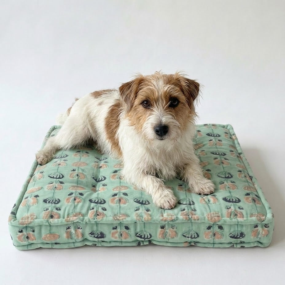 A small brown and white dog lies on a square quilted dog bed with a mint green background and a repeating pattern of small illustrated figures, photographed against a plain light gray studio background.