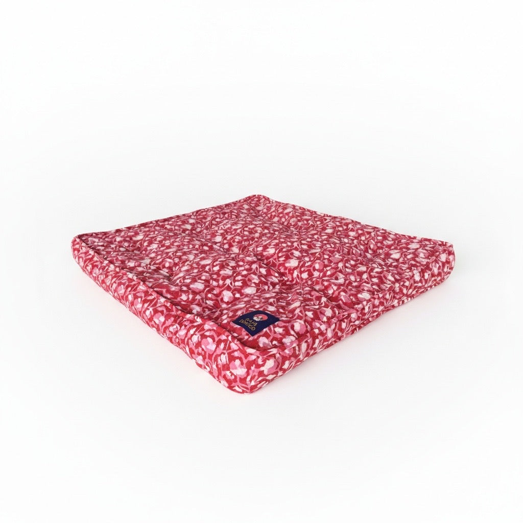 Red and pink floral camouflage Indian blockprinted luxury dog bed