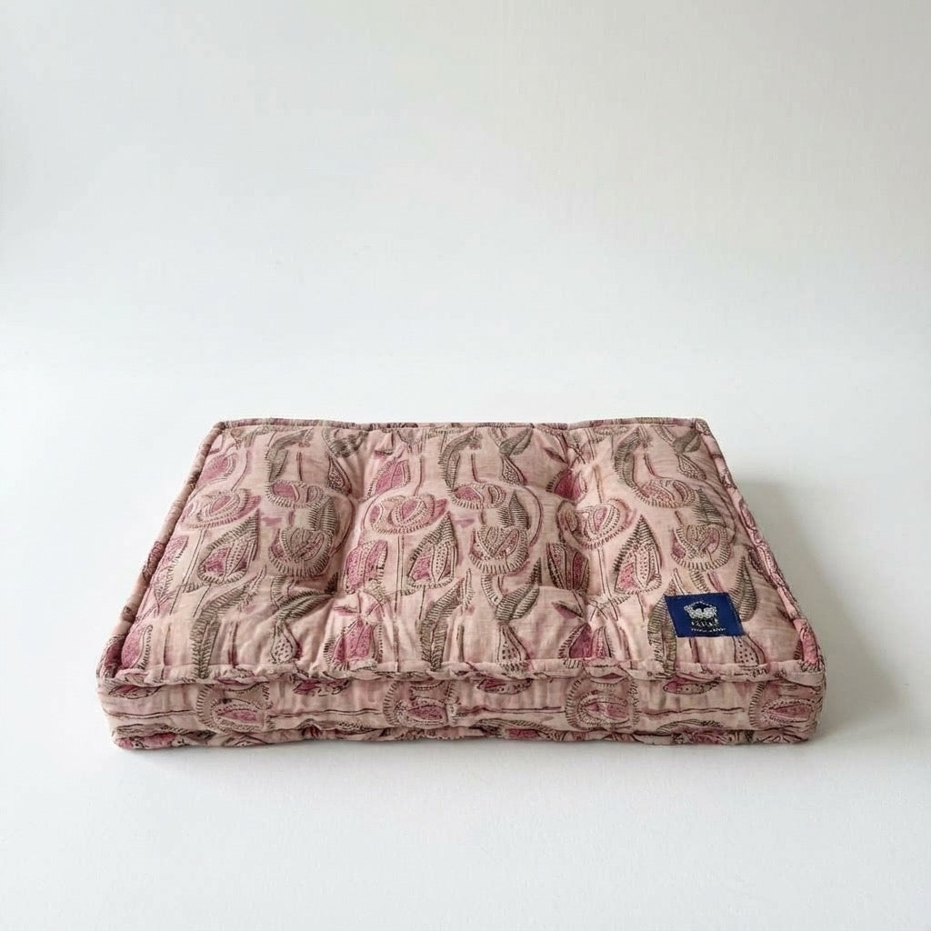 Pink Tulip Floral Block Print Cotton Dog Bed