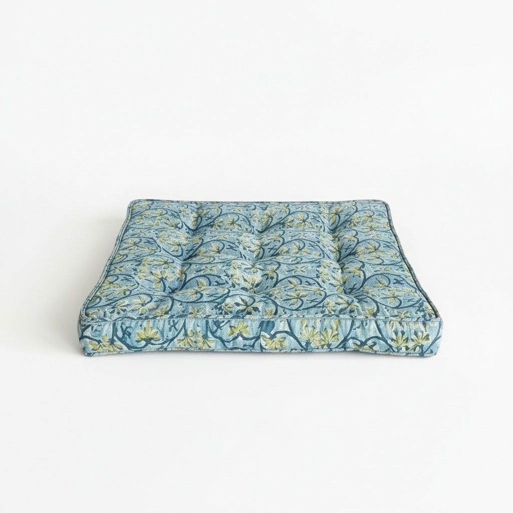 Blue and green floral heritage luxury dog bed made in India and the USA