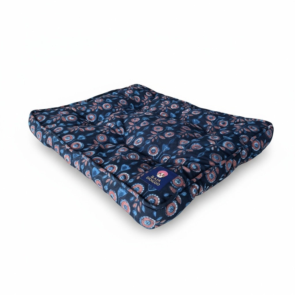Blue and red floral heritage block printed artisanal dog bed