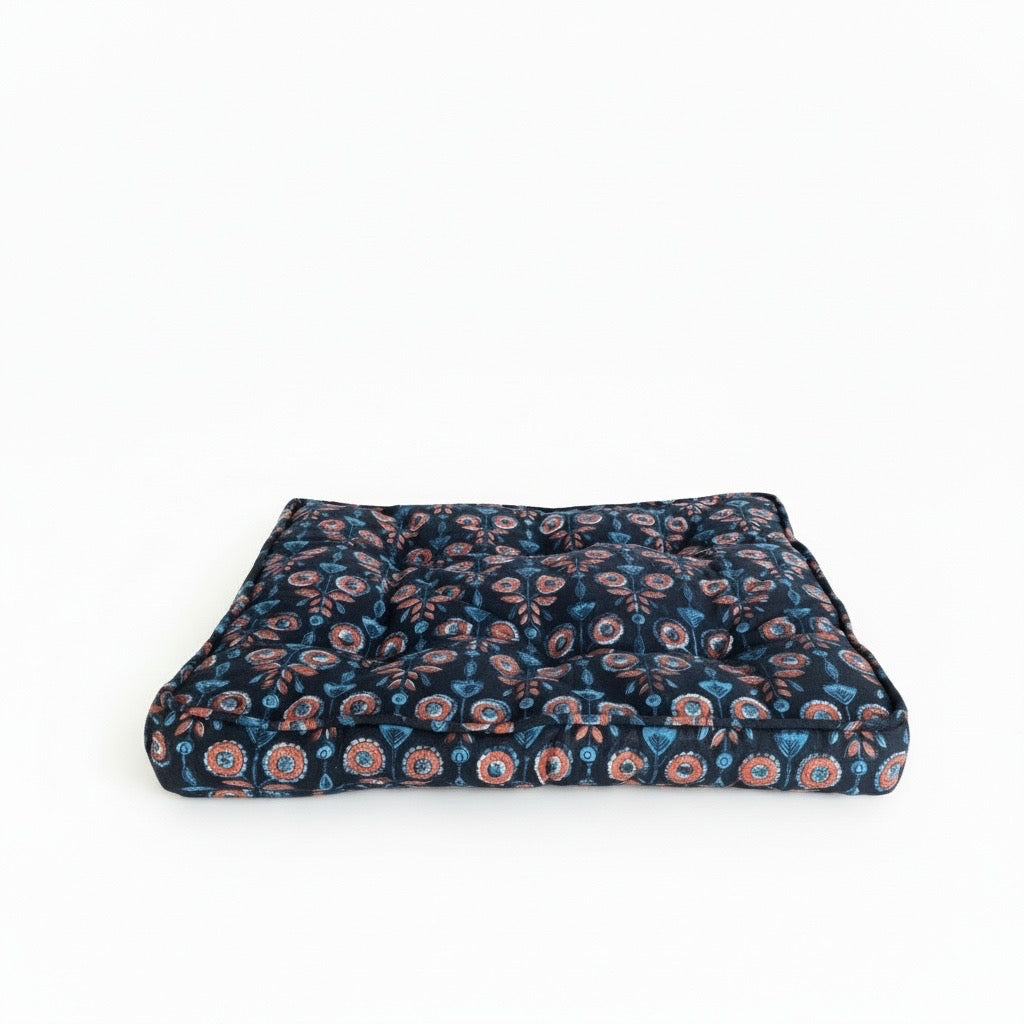 Blue and red organic cotton blockprinted luxury pet cushion made in India and the USA