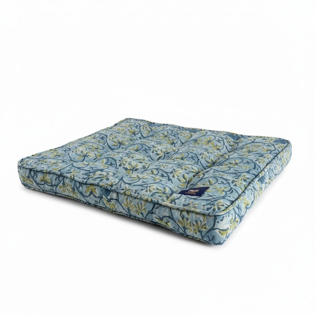 Blue and green floral handcrafted organic luxury dog bed