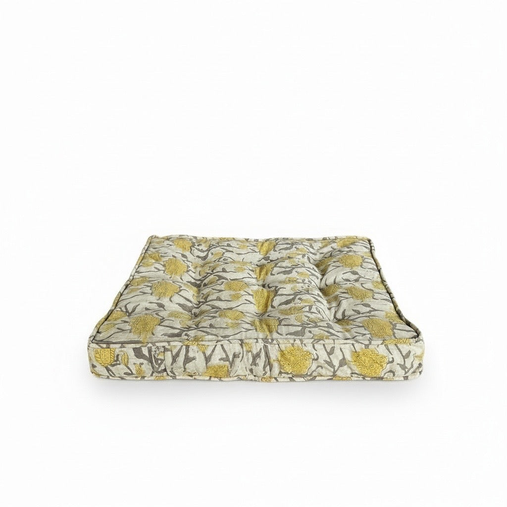 Yellow floral handcrafted block print dog bed