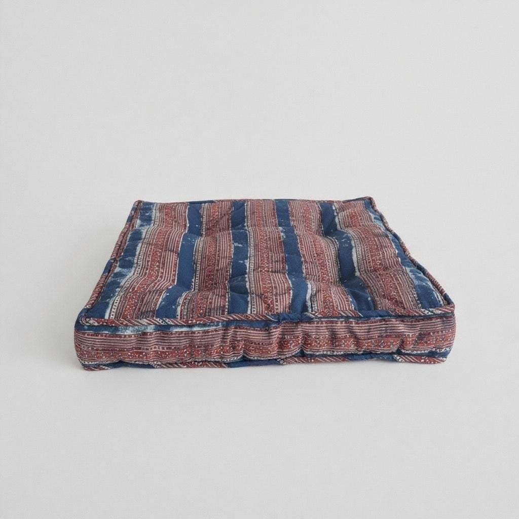 Blue, red, white striped heritage cotton dog bed made in Jaipur and Brooklyn