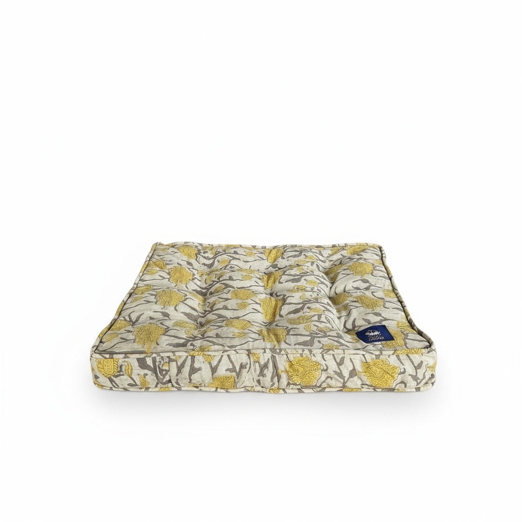 Yellow floral blockprint luxury dog bed made in India and the USA