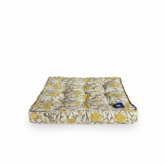 Yellow floral blockprint luxury dog bed made in India and the USA