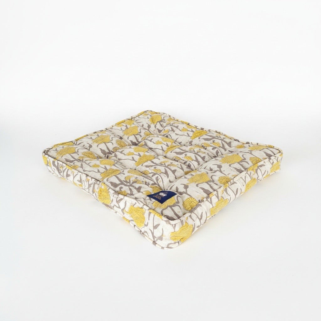 Yellow floral sustainably made dog bed natural dyes, luxury dog bed