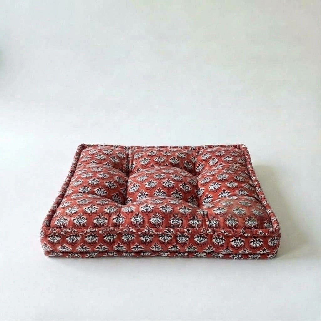 Red Small Floral Block Print Dog Bed