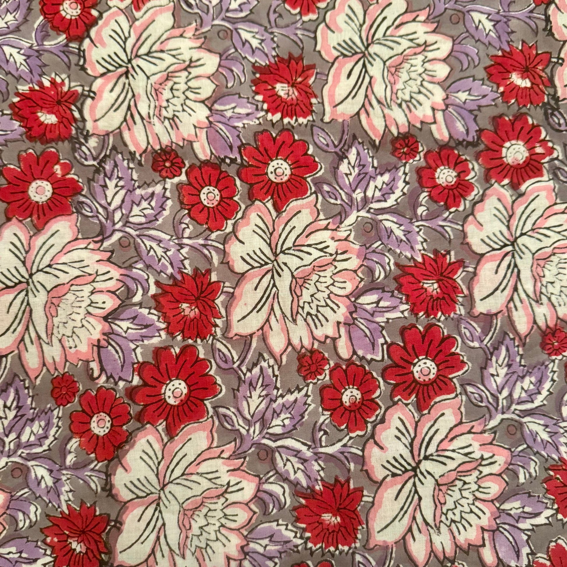 Floral pattern with red, pink, and purple flowers on a gray background
