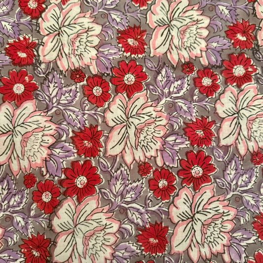 Floral pattern with red, pink, and purple flowers on a gray background