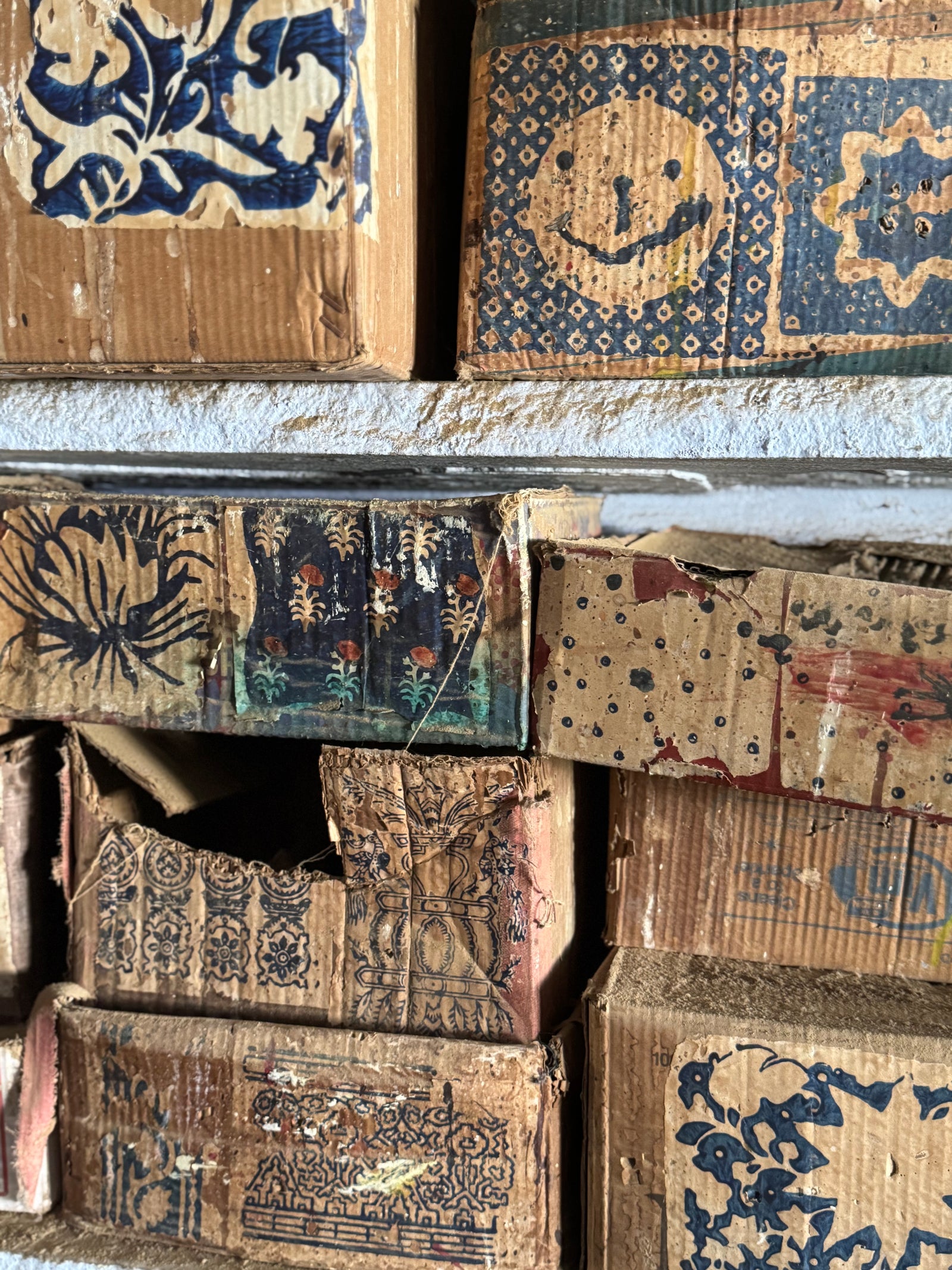 Stack of  boxes with wood block printing stamps 