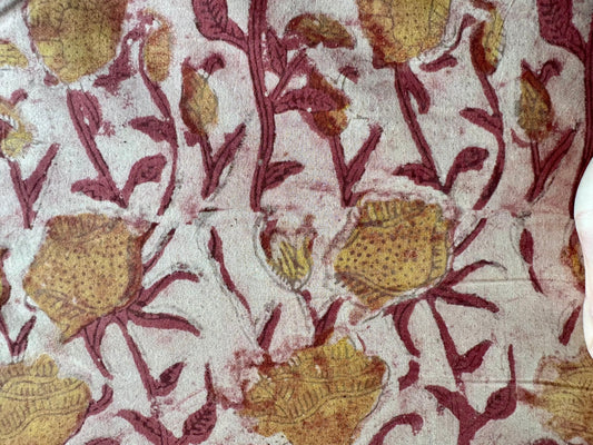 Close-up of floral patterned fabric with red and yellow flowers on a white background